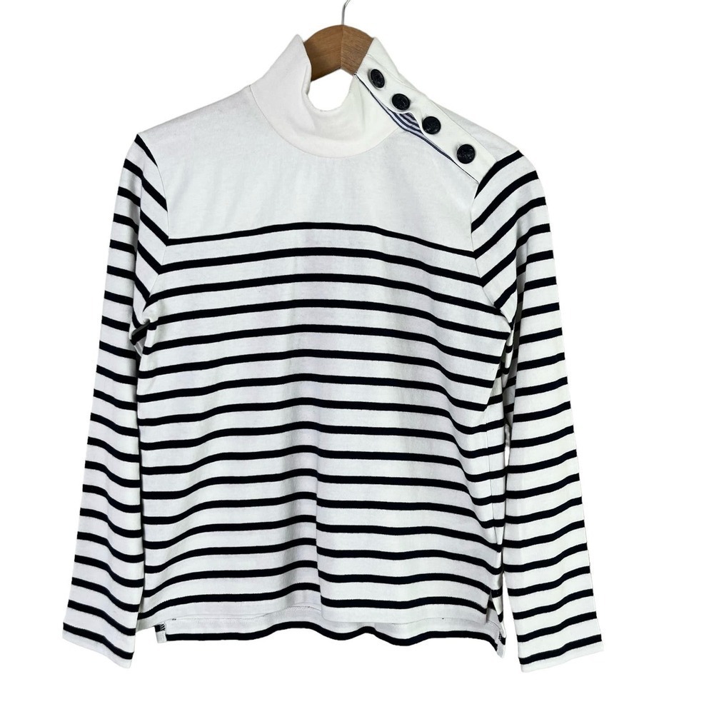 J.Crew Mockneck Button Shoulder Nautical Navy Stripe Cotton Sweater in White, XS